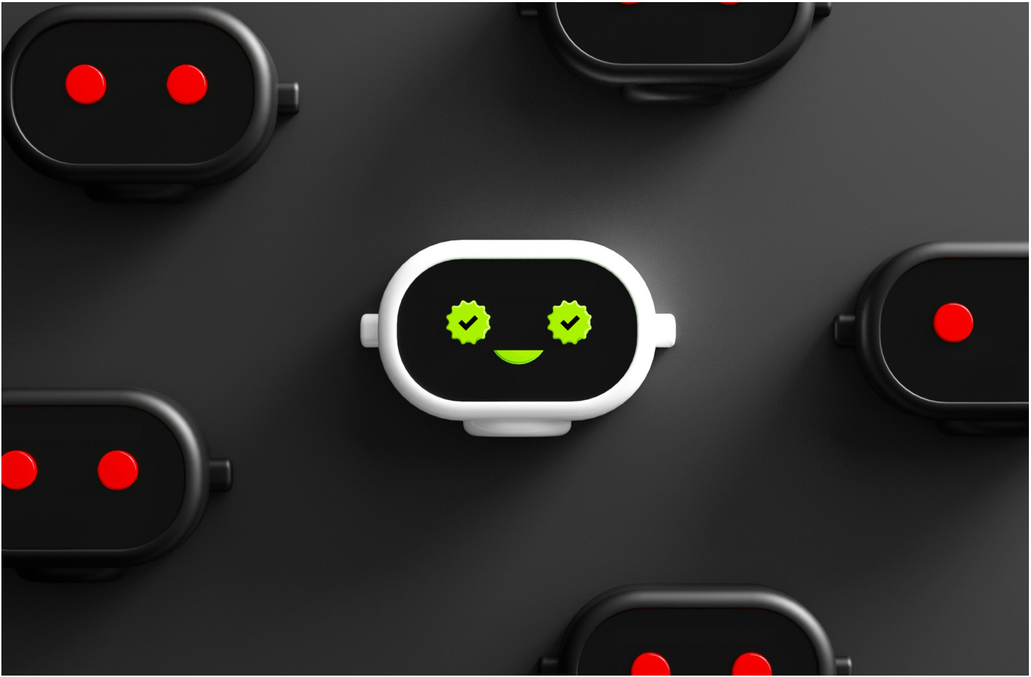 Original white-paper cover illustration: one illuminated chatbot among a group of dark chatbots.